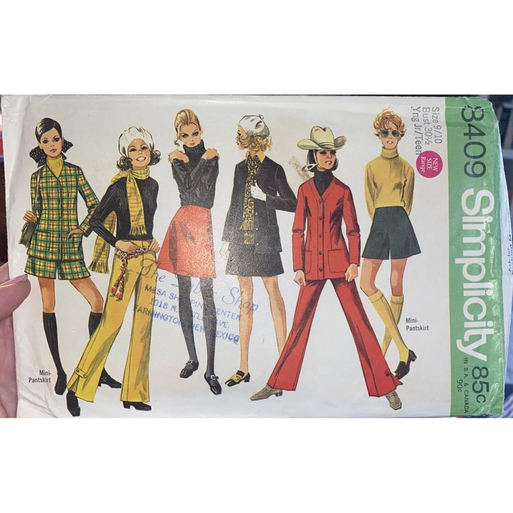Jacket Skirt Pants Mini Pantskirt Jr 9 10 Simplicity 8409 Sewing Pattern Cut VTG